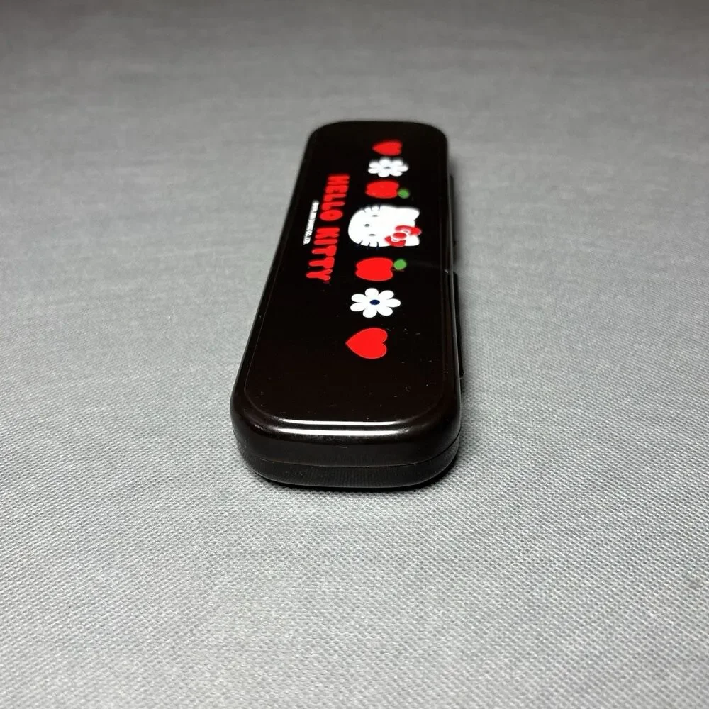 Sanrio Hello Kitty Pencil Case 2008 Black W/Red Apple Heart White Flower-Plastic